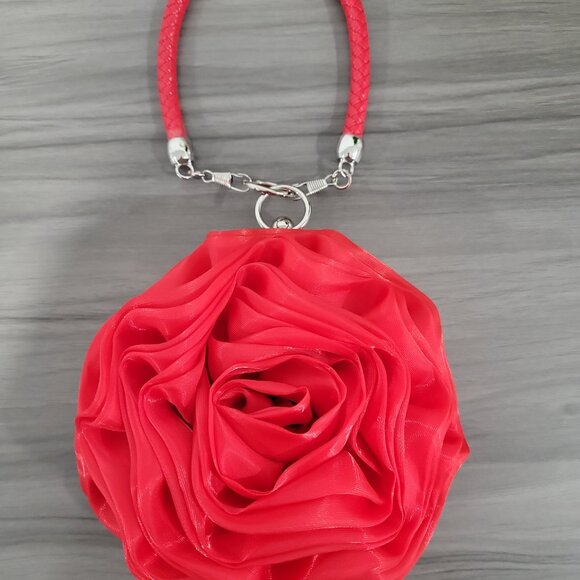 Prom / Wedding Red Rose Satin Clutch Elegant Floral Evening Bag w/ Handle - Picture 12 of 12